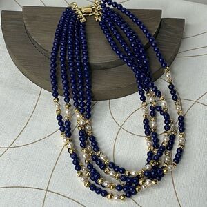 Vintage Blue Gold Faux Pearl Necklace